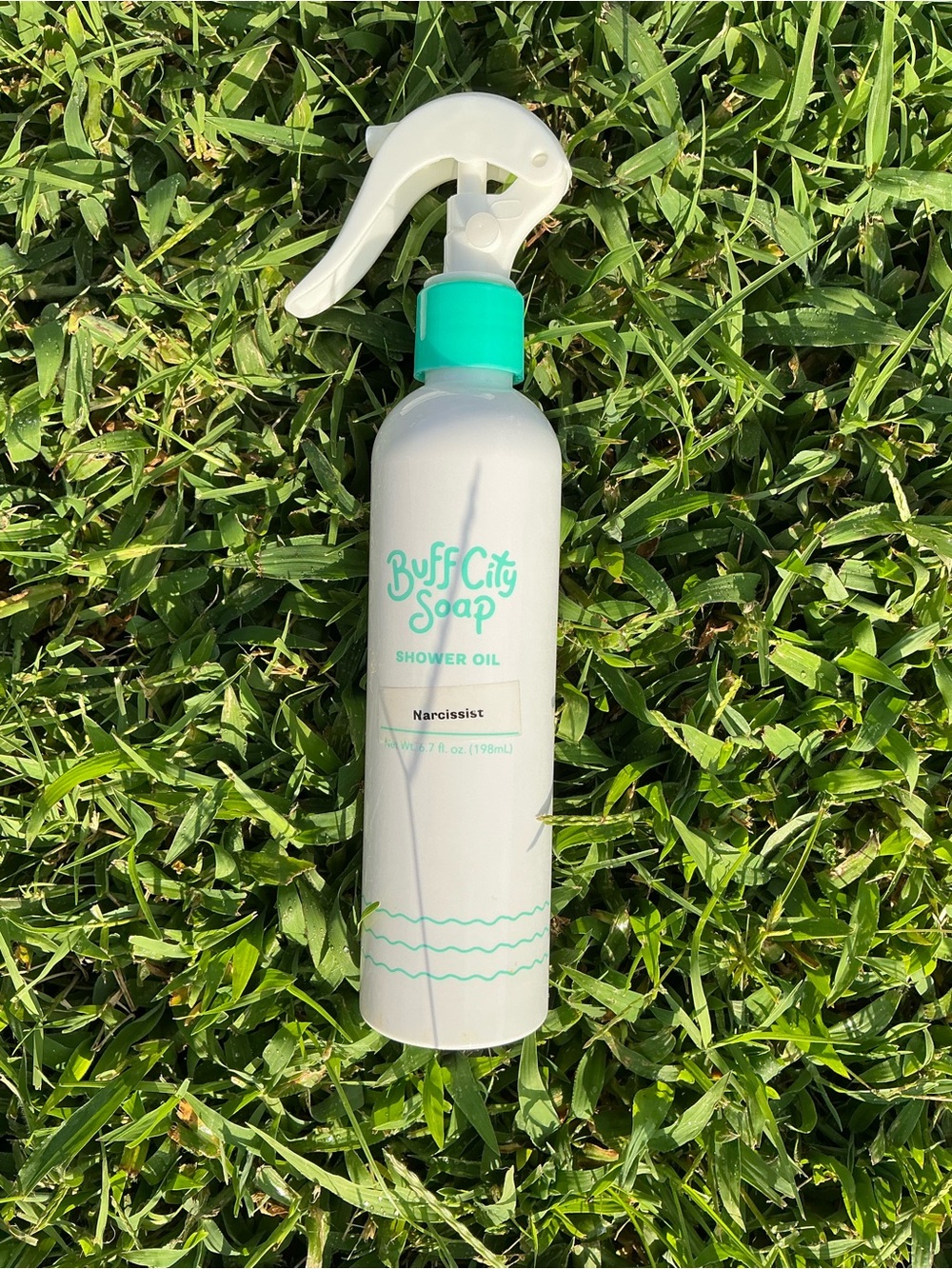 Narcissist Shower Oil — White Bottle with Teal Accents